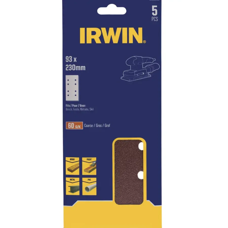 Schuuraccessoires > IRWIN schuurvel 230 x 93 mm K60 voor klembevestiging, met perforatie voor Bosch, Skil, Gamma, Makita, Metabo, 5 stuks.