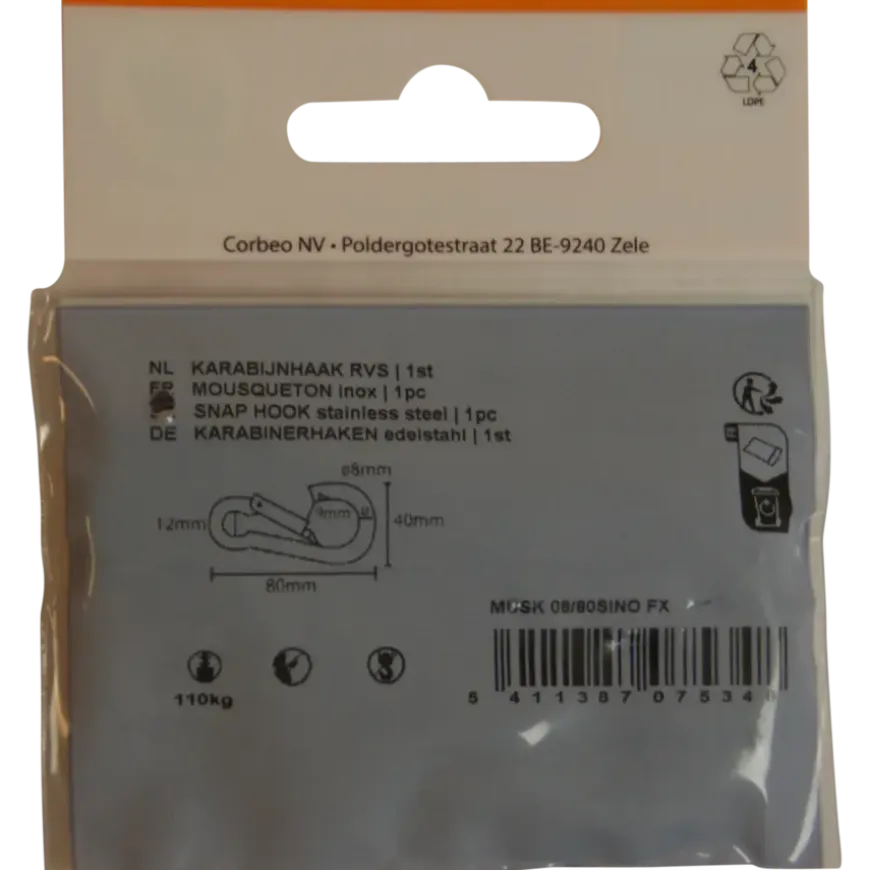 Karabijnhaak RVS 80 mm 1 stuk