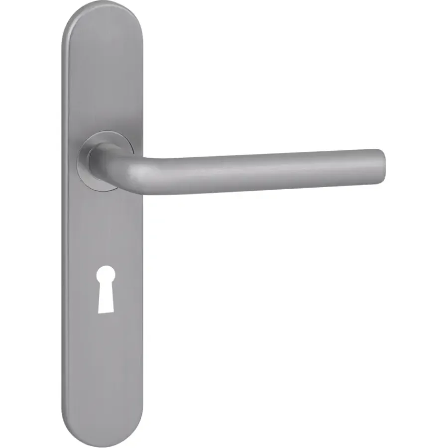 Deurbeslag Binnendeur|Deurklinken > KARWEI deurkruk set Gino ovaal schild sleutelgat 56 mm RVS look aluminium