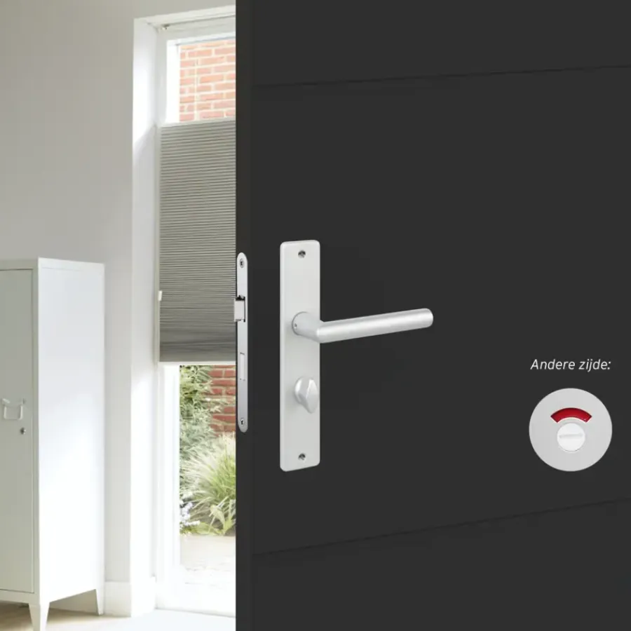 Deurbeslag Binnendeur|Deurklinken > KARWEI deurkruk set Greece recht schild vrij-bezet sluiting 63/8 mm ANOX aluminium mat