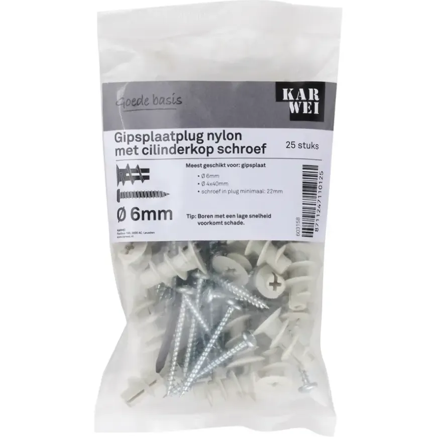 KARWEI Gips plug 6x22mm+uni ck 4x40 25ST + bit
