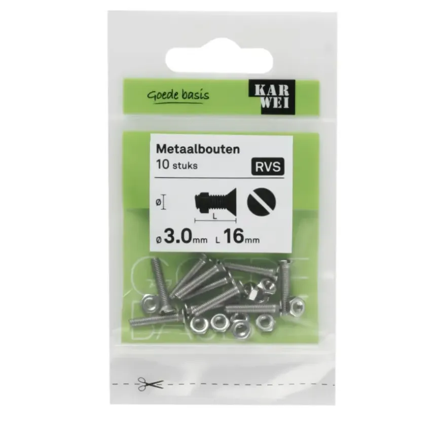 KARWEI metaalbout RVS 3x16 mm 10 stuks