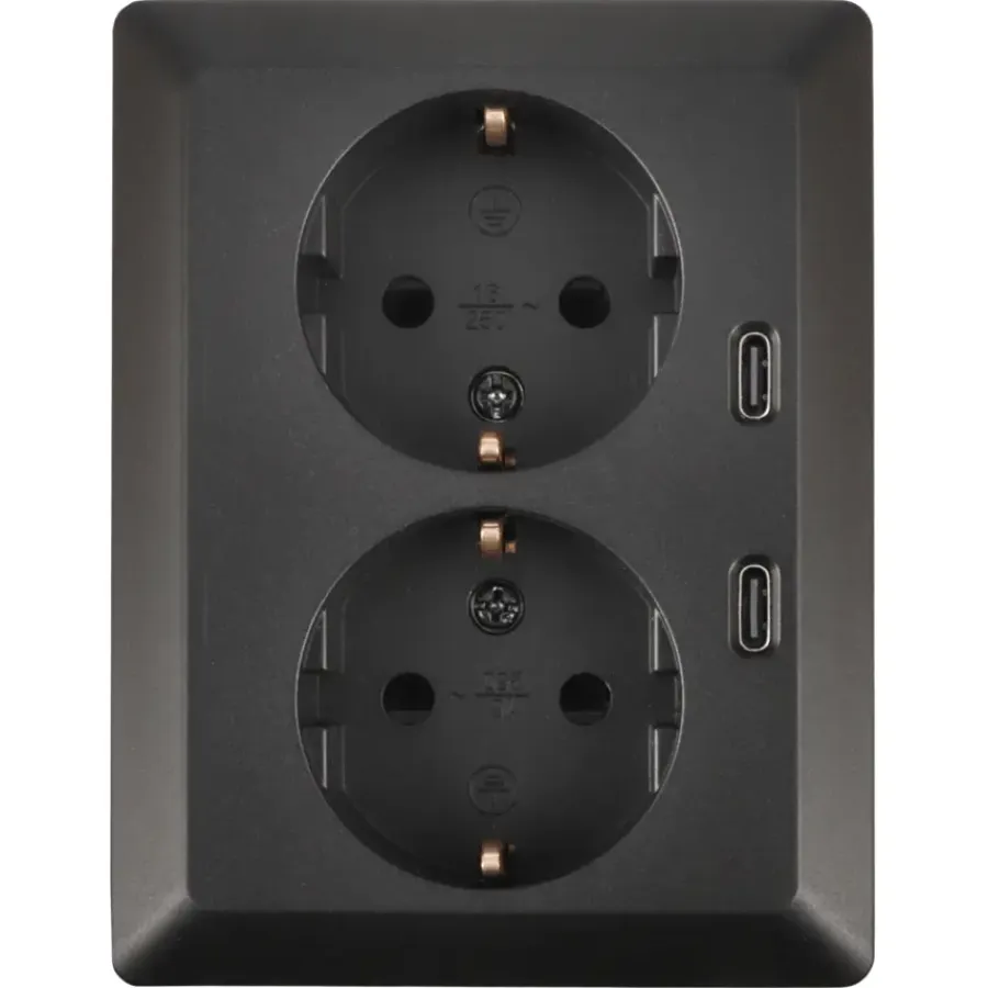 Inbouw Schakelmateriaal|Stopcontacten & Overige Contactdozen > KARWEI Zenith Dubbel Stopcontact Geaard met Twee USB-C Poorten Mat Zwart