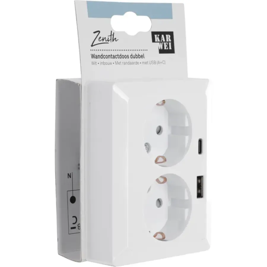 Inbouw Schakelmateriaal|Stopcontacten & Overige Contactdozen > KARWEI Zenith Dubbel Stopcontact Geaard met USB A+C Wit