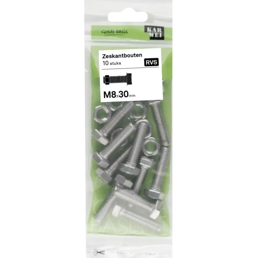 KARWEI zeskantbout voldraad rvs M8x30 mm 10 stuks