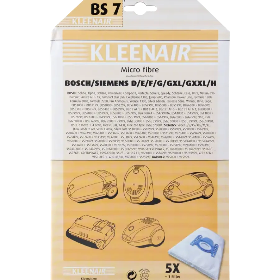 Overige Elektrisch Gereedschap Accessoires|Stofzuigerbenodigdheden > Kleenair stofzuigerzak Bosch/Siemens BS-7 5 stuks + 1 filter