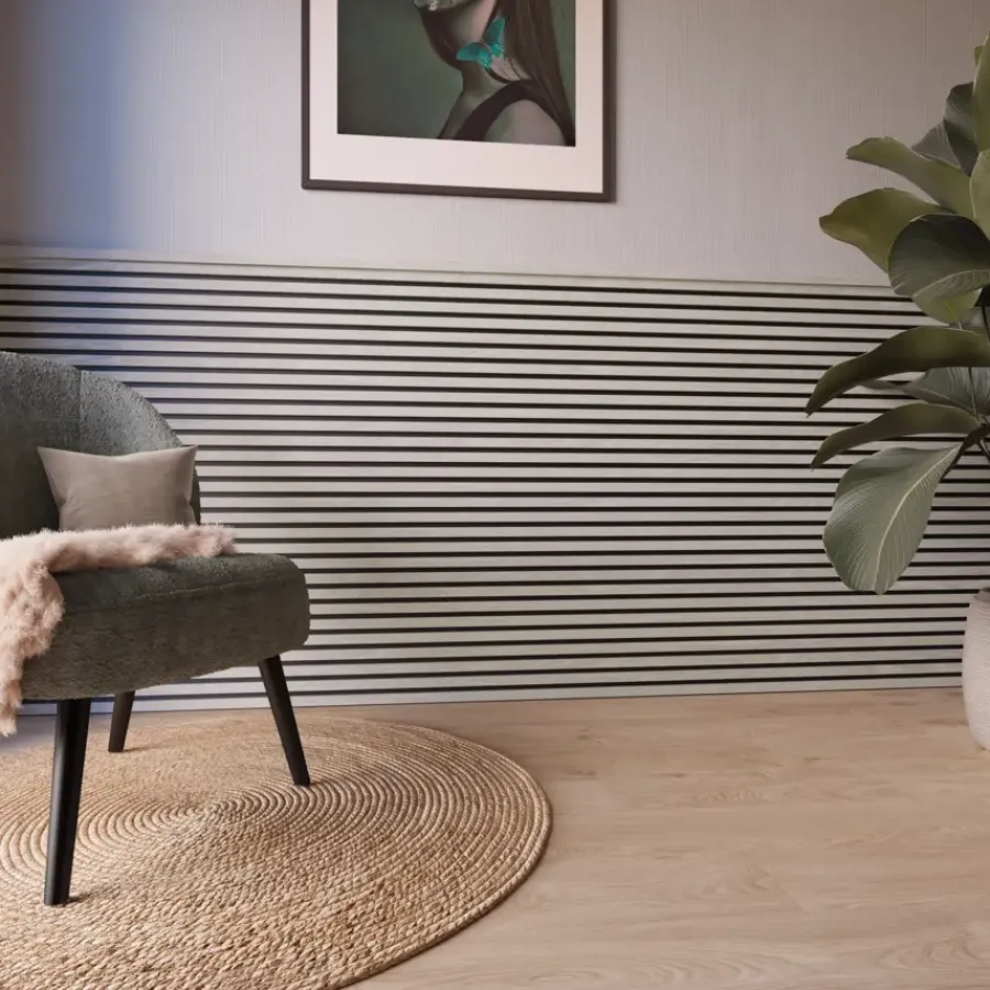 Akoestische Wandpanelen|Kleurstalen > CanDo Kleurstaal lattenwand Decowall Acoustic grijs eiken 25x30 cm