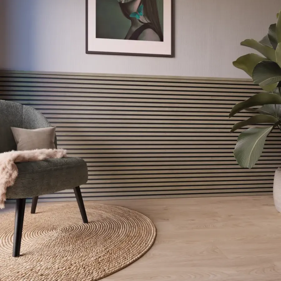 Akoestische Wandpanelen|Kleurstalen > CanDo Kleurstaal lattenwand Decowall Acoustic vergrijsd eiken 25x30cm