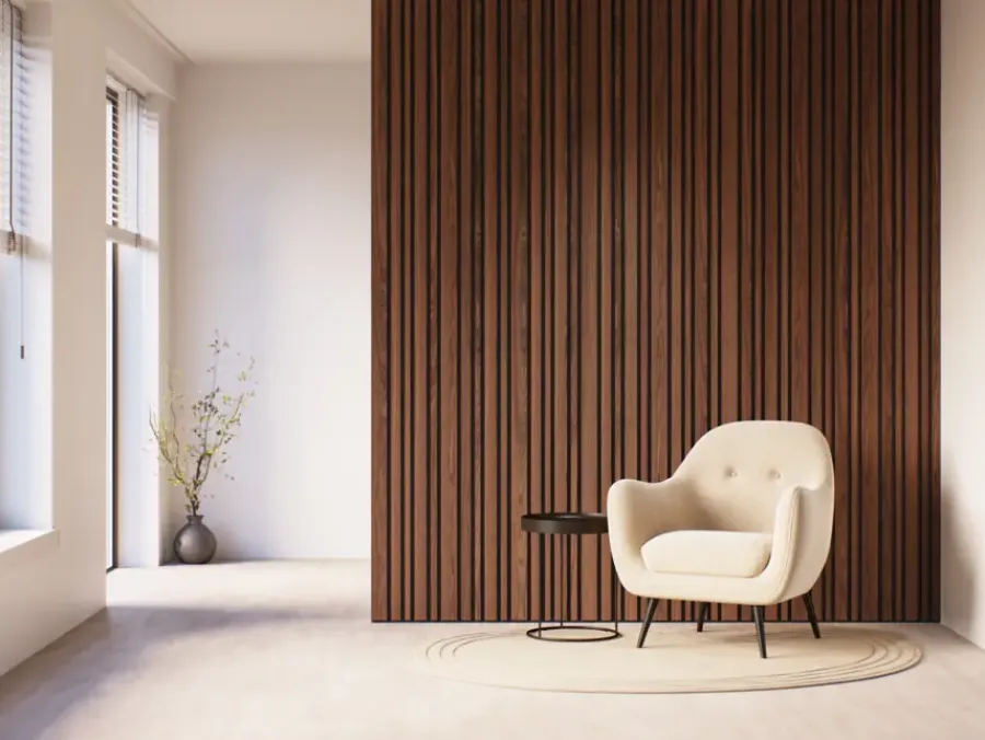 Akoestische Wandpanelen|Kleurstalen > CanDo Kleurstaal lattenwand Decowall Acoustic Blend walnoot 25x30cm