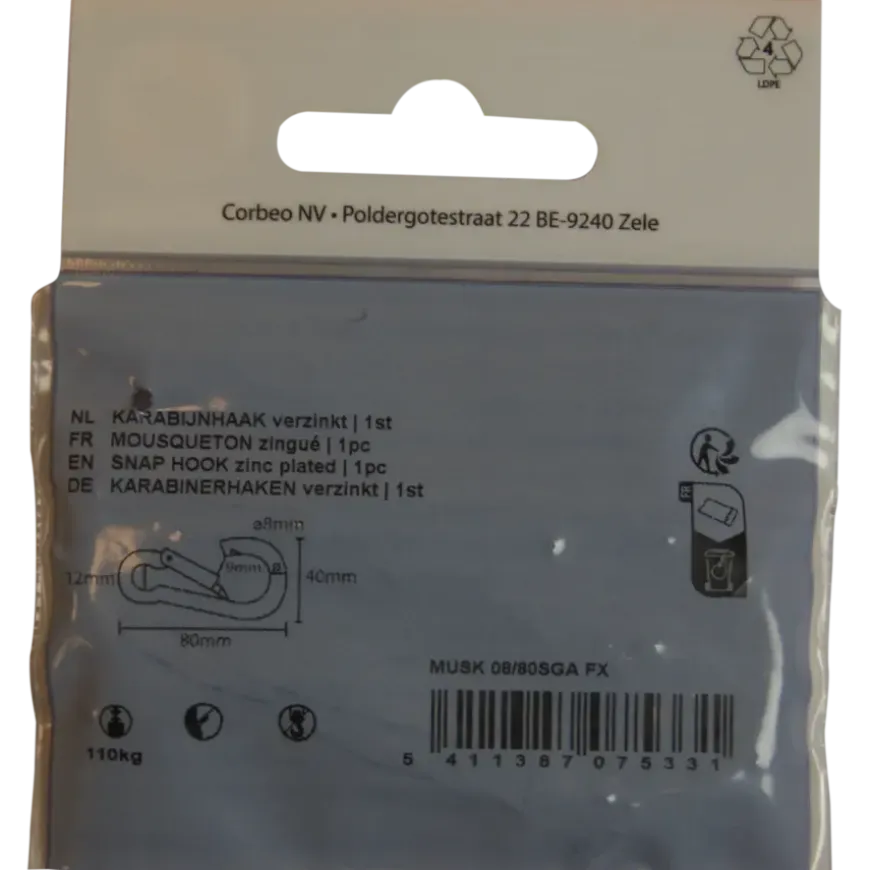 Ledent karabijnhaak verzinkt 8x80 mm