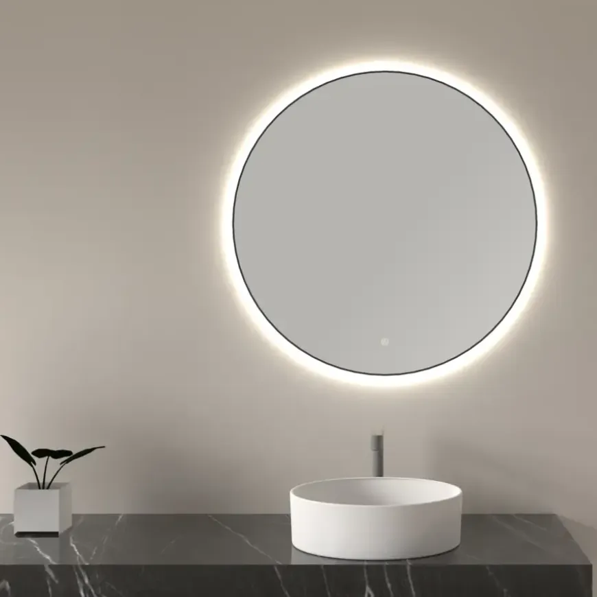 Marho Mavri badkamerspiegel rond verlichting dimbaar mat zwart Ø 80 cm