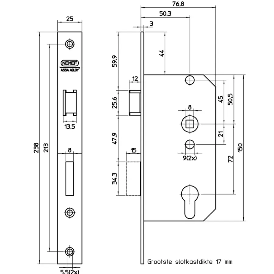 Deursloten|Cilinders > Nemef 500 serie insteekcilinderslot binnendeur wit Doorn 50mm PC 72mm