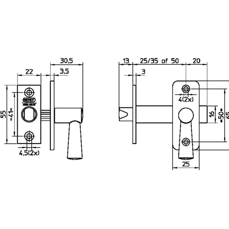 Deursloten|Cilinders > Nemef 2600 serie insteekgrendel buitendeur aluminium Doorn 50mm
