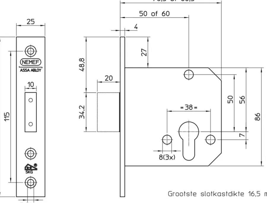 Deursloten|Cilinders > Nemef veiligheidsbijzetslot SKG 2-sterren Doorn 60mm PC 72mm