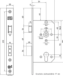 Deursloten|Cilinders > Nemef veiligheidsslot SKG 2-sterren buitendeur Doorn 50mm PC 72mm