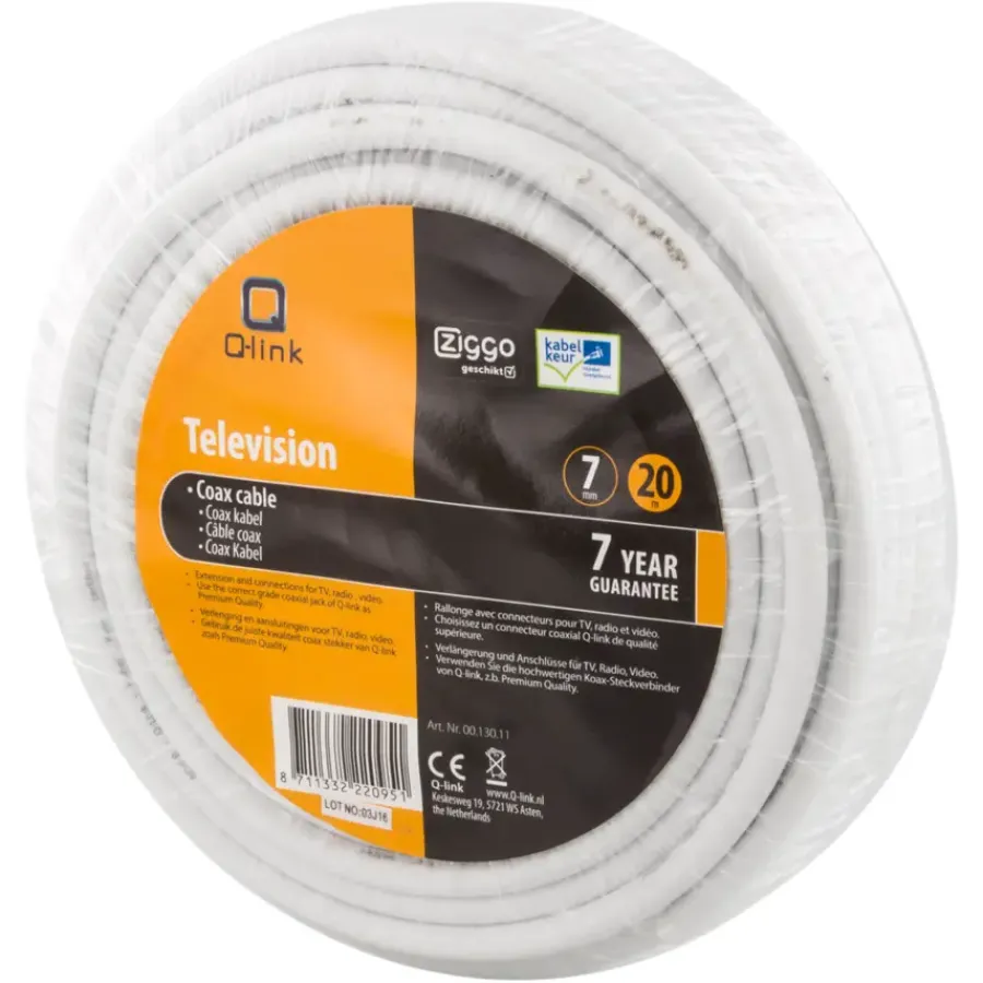Audio & Video Accessoires > Q-link coax kabel 20 meter wit kabelkeur