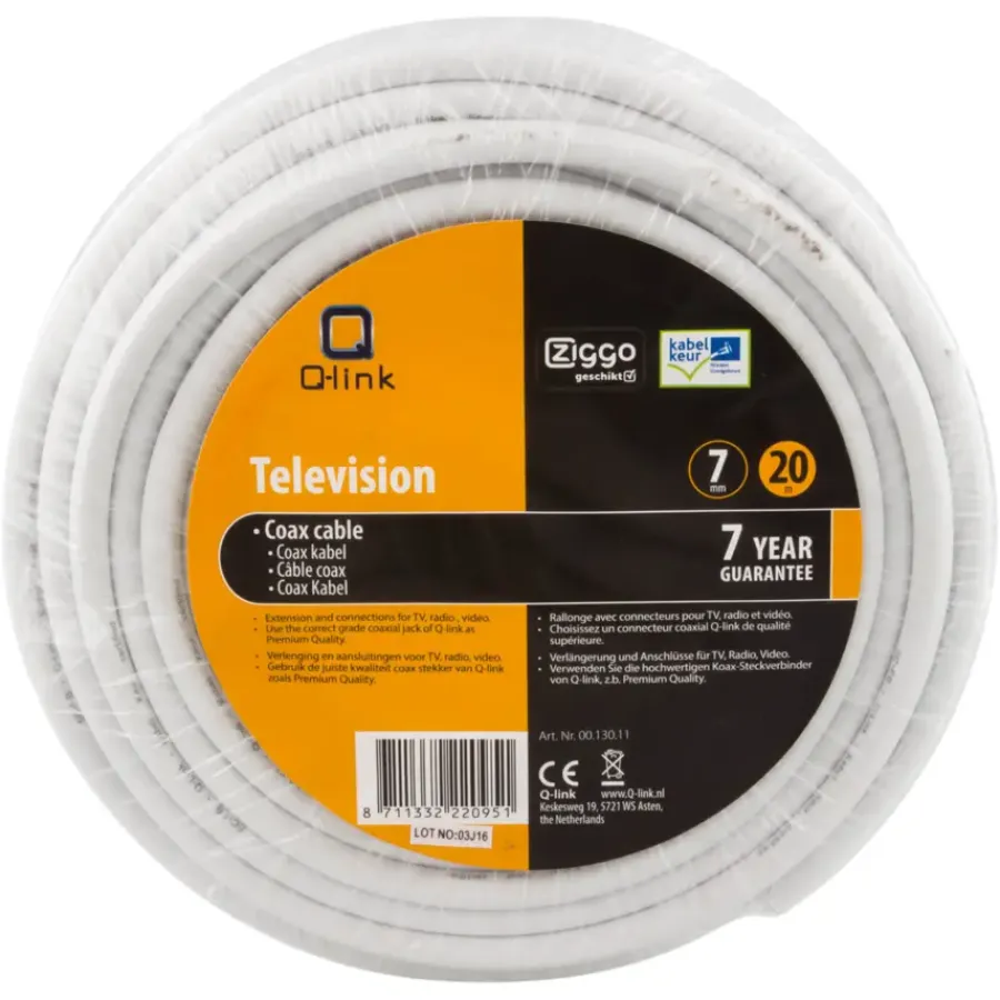 Audio & Video Accessoires > Q-link coax kabel 20 meter wit kabelkeur