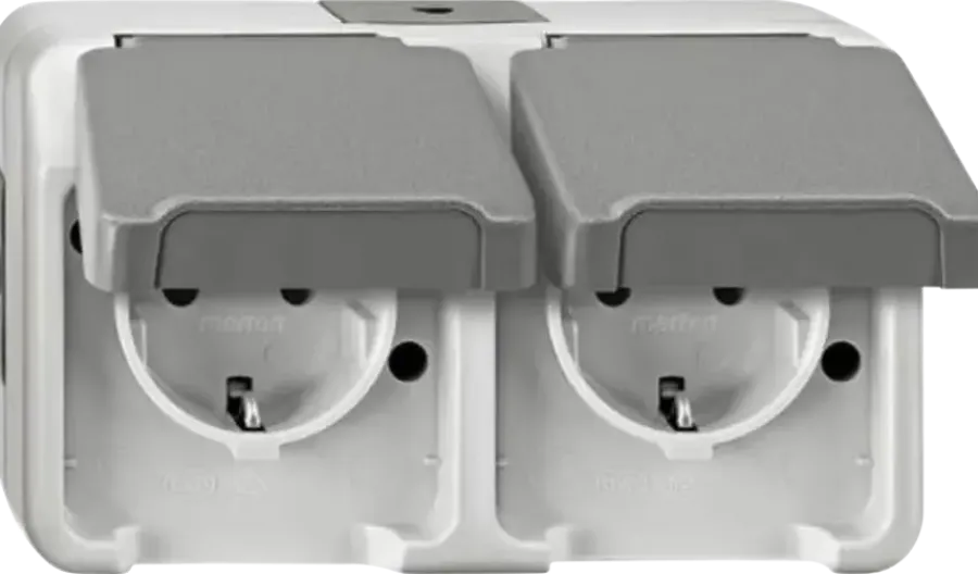 Buiten Schakelmateriaal|Opbouw Schakelmateriaal > Schneider Electric Aquastar spatwaterdicht geaard stopcontact dubbel horizontaal