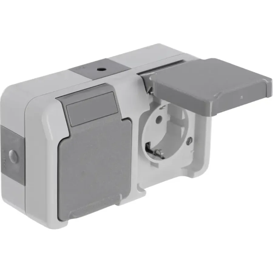 Buiten Schakelmateriaal|Opbouw Schakelmateriaal > Schneider Electric Aquastar spatwaterdicht geaard stopcontact dubbel horizontaal