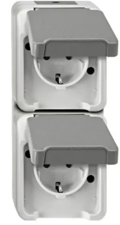 Buiten Schakelmateriaal|Opbouw Schakelmateriaal > Schneider Electric Aquastar spatwaterdicht Stopcontact Dubbel RA verticaal