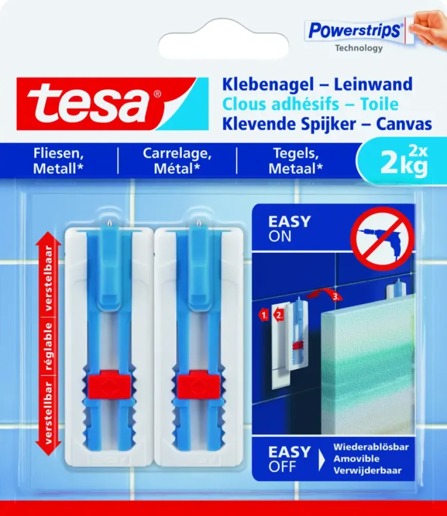 Tesa klevende spijker canvas voor tegels en metaal verstelbaar wit 2 kg 2 stuks