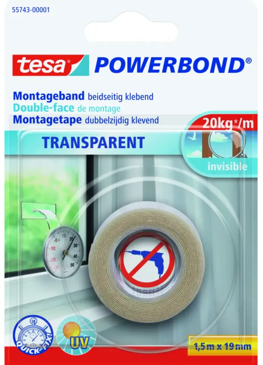 Montagetape > Tesa Powerbond montagetape transparant 1,5 m x 19 mm