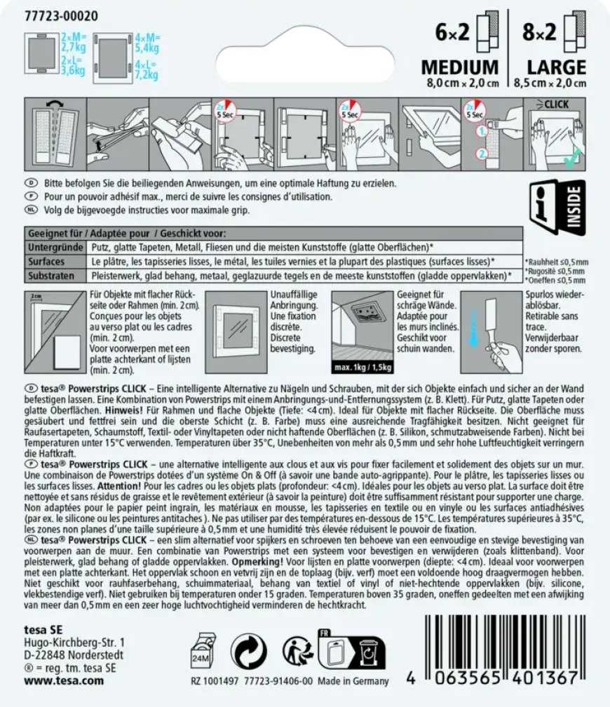 tesa Powerstrips zelfklevende strip Click Combo 6x2 stuks Medium & 8x2 stuks Large