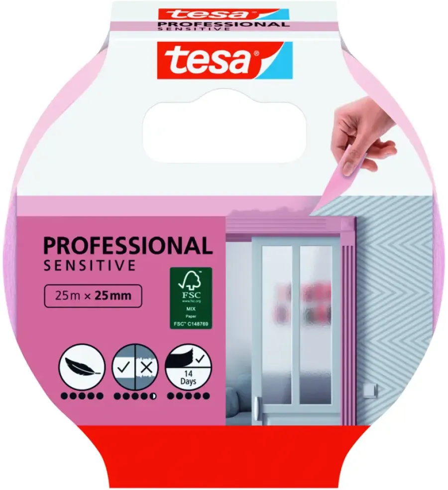 Afplaktape > Tesa Professional Sensitive schilderstape roze 25 mm x 25 m