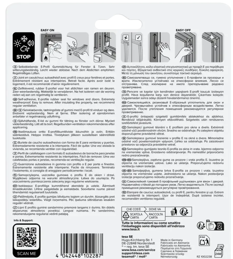Tochtwering|Tochtstrips Deur > Tesa Tochtband E-profiel zelfklevend wit 6m