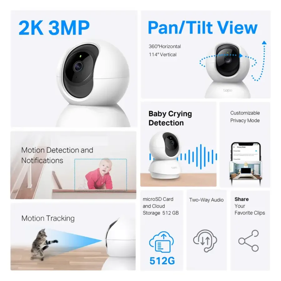 Elektronische Beveiliging > Tapo TP-Link TC71 beveiligingscamera voor binnen 2K 3MP bedraad Pan/Tilt