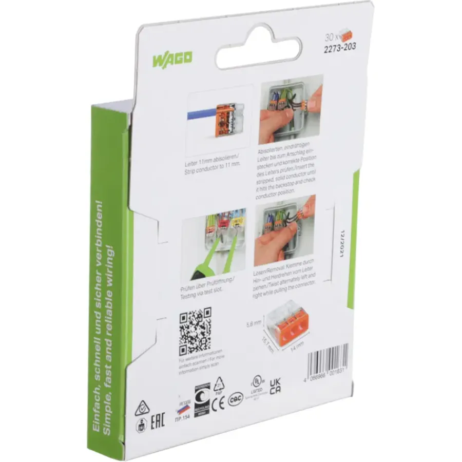 Lasklemmen En Verbindingsklemmen > Wago Lasklem 3-voudig compact 0,5-2,5mm² 2273-203 30 stuks